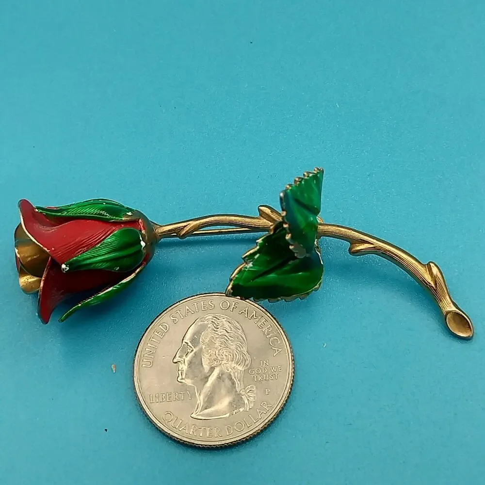 Vintage Rose Brooch Pin Red & Green Enamel Gold Tone Flower Jewelry